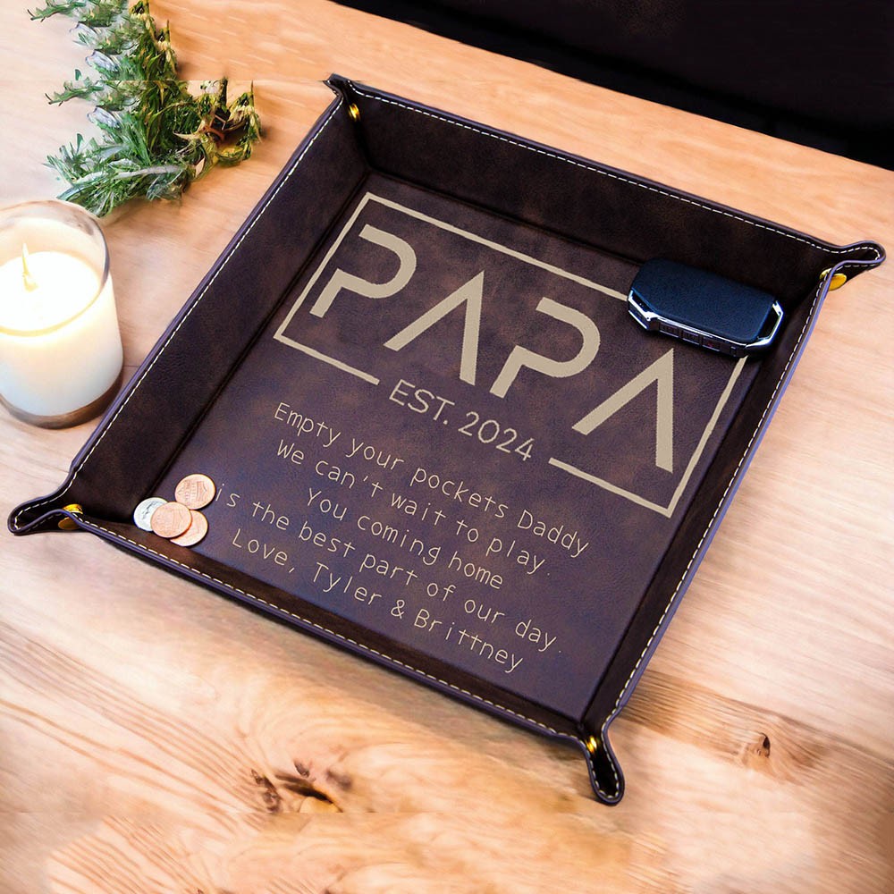 Personalized Genuine Leather PAPA Est Valet Tray Father's Day Catchall Tray Gift for Dad From Kids