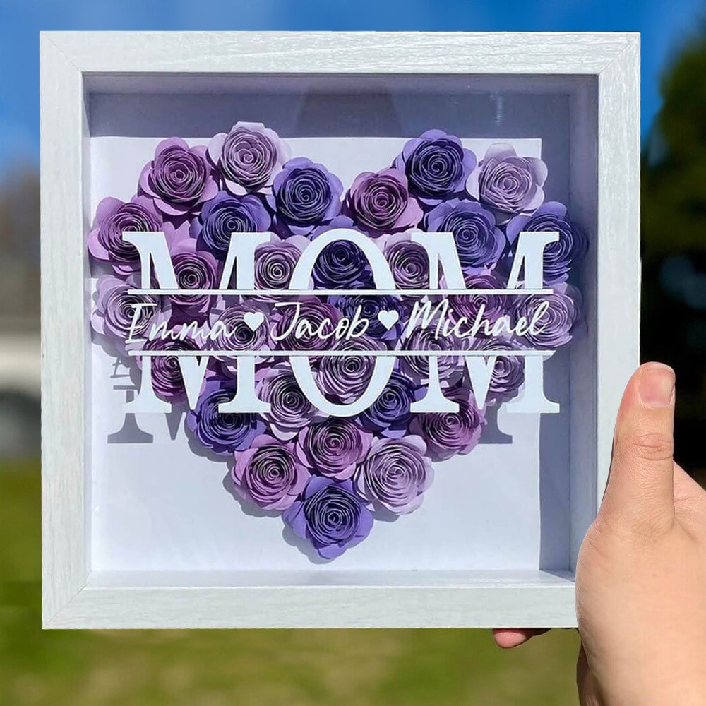 Personalized Mom Flower Shadow Box with Kid's Names Mother's Day Gift