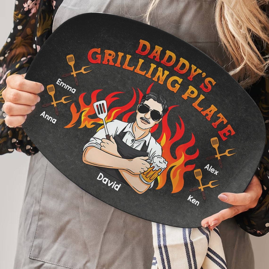 Personalized Grilling Plate with Kids Name for Dad Father's Day Gift