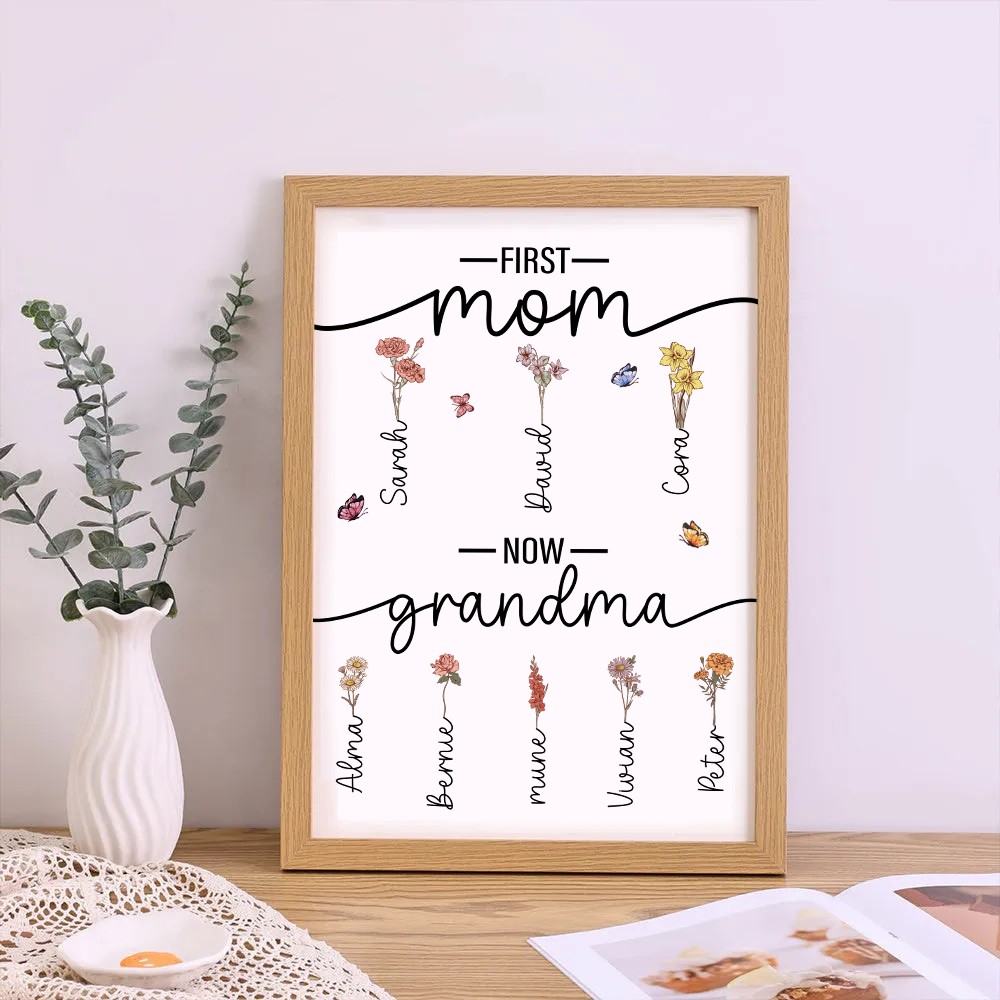 First Mom Now Grandma Personalized Family Birth Flower Wooden Plaque Mother's Day Gift