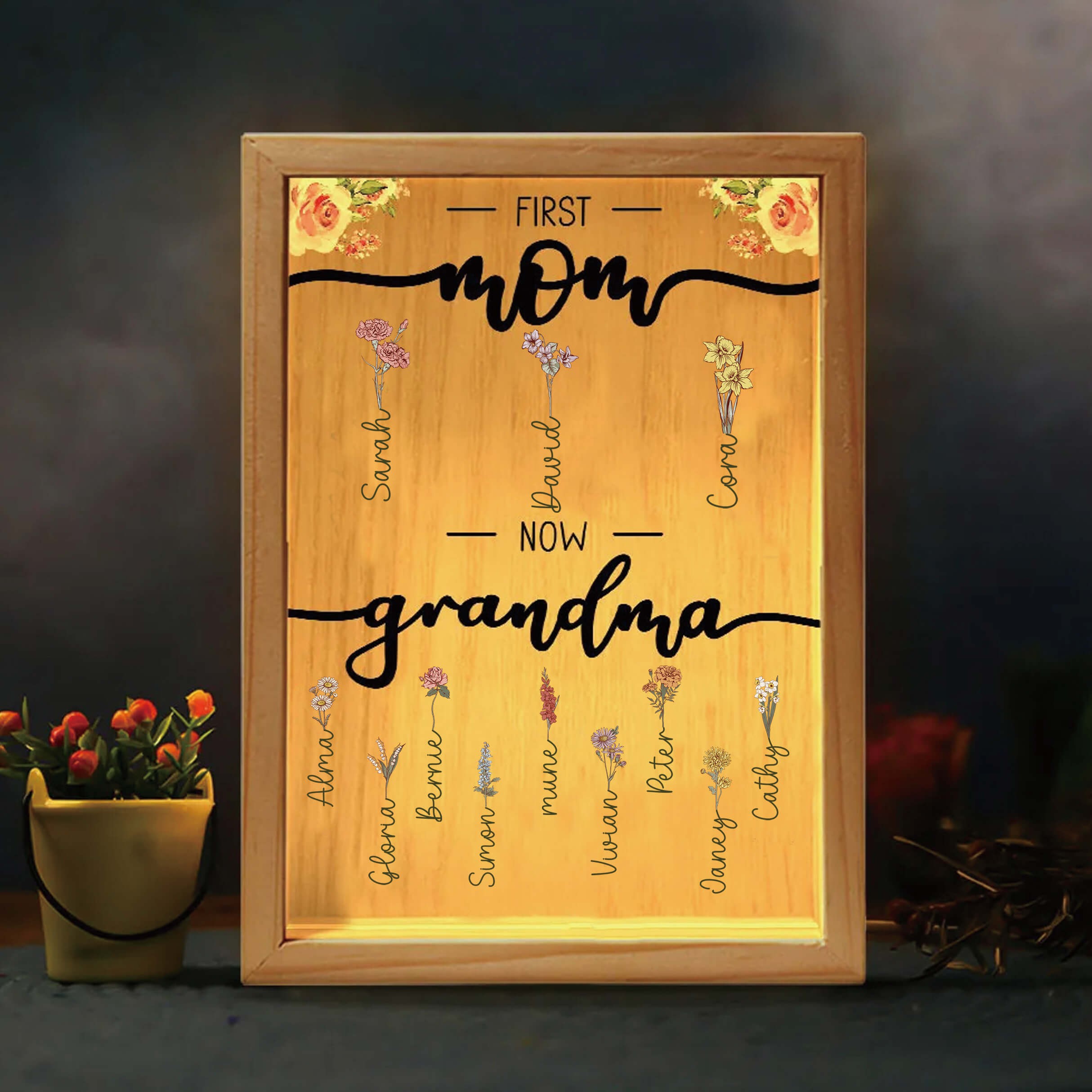 First Mom Now Grandma Personalized Family Birth Flower Frame Light Box Mother's Day Gift