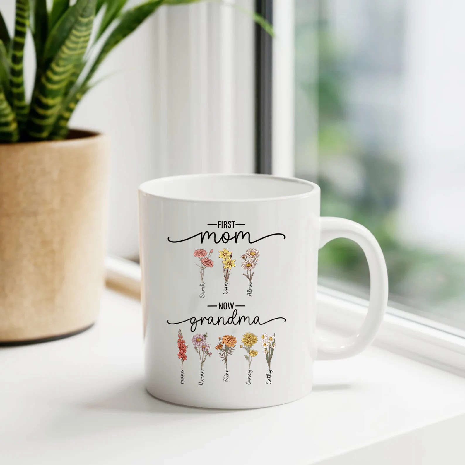 First Mom Now Grandma Personalized Family Birth Flower Mug Mother's Day Gift