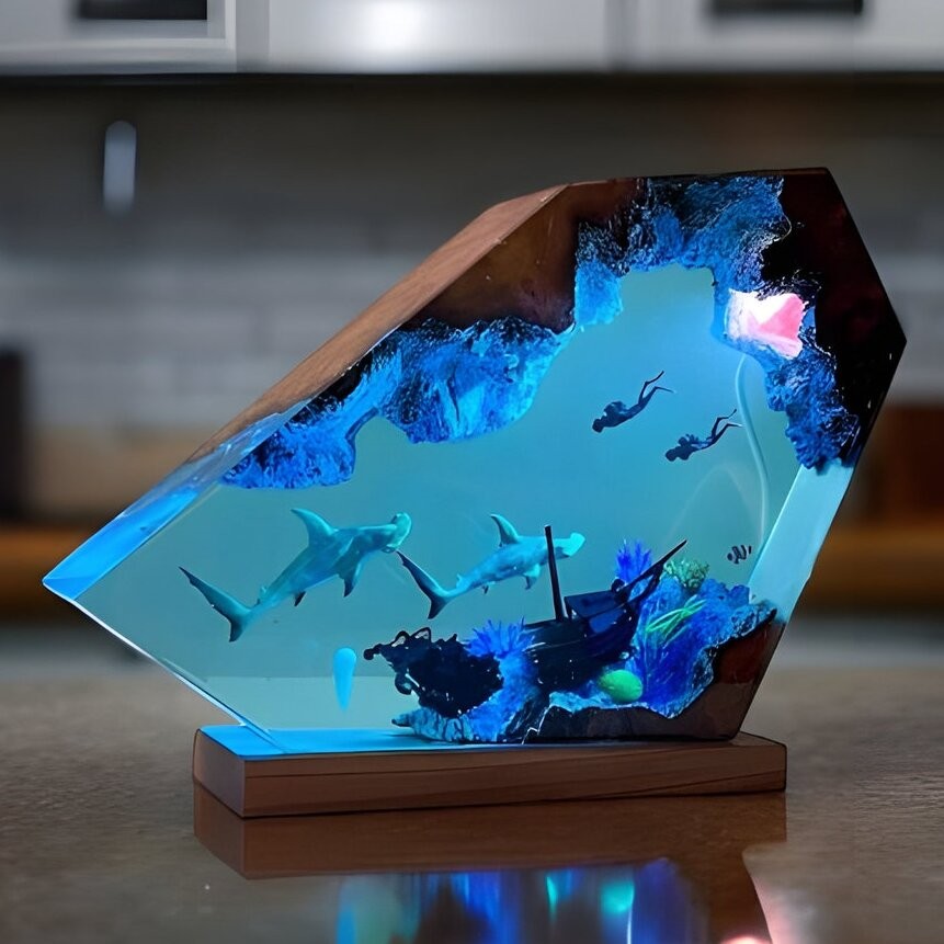 Hammerhead Sharks and Scuba Divers Ocean Resin Lamp