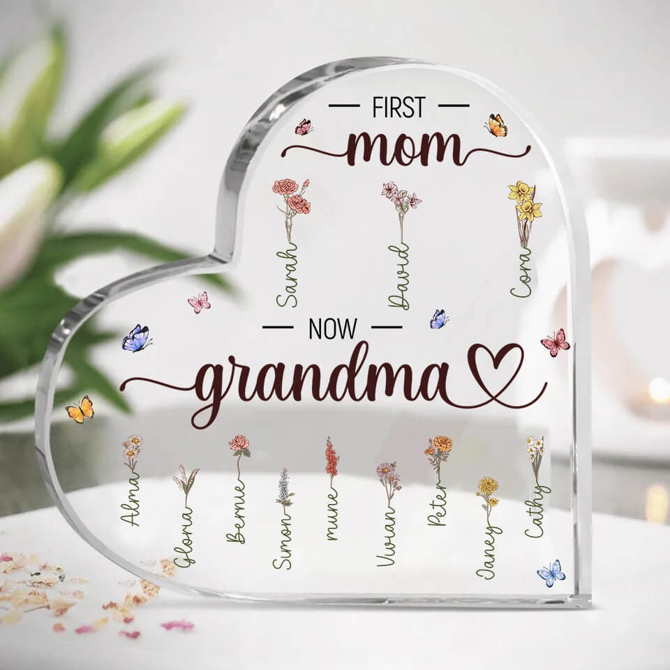 First Mom Now Grandma Personalized Family Birth Flower Heart Acrylic Plaque Mother's Day Gift