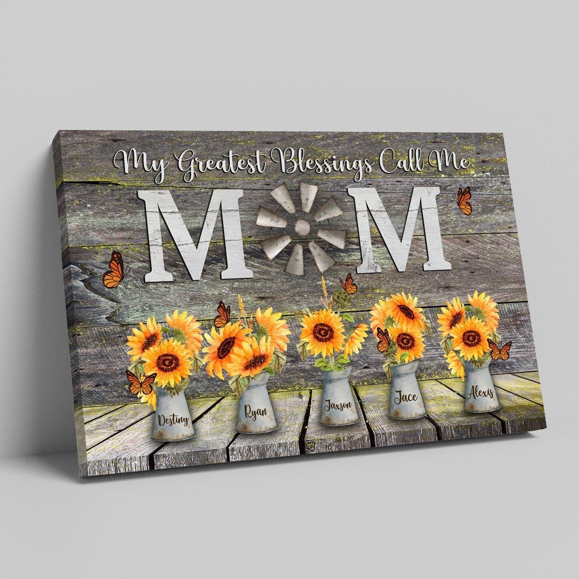 My Greatest Blessings Call Me Mom Personalized Sunflower Family Canvas Wall Art