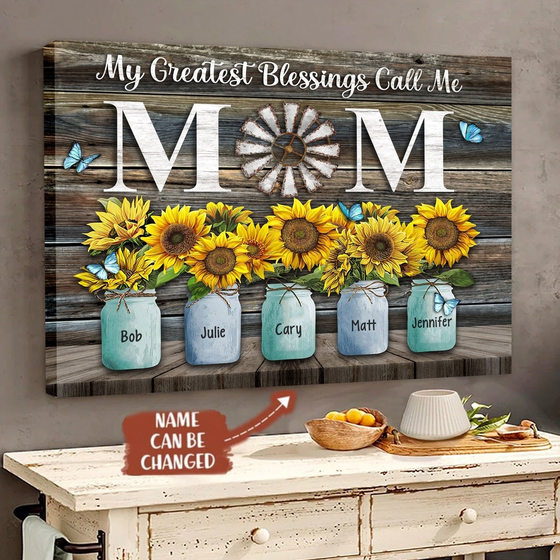 My Greatest Blessings Call Me Mom Personalized Sunflower Family Canvas Wall Art