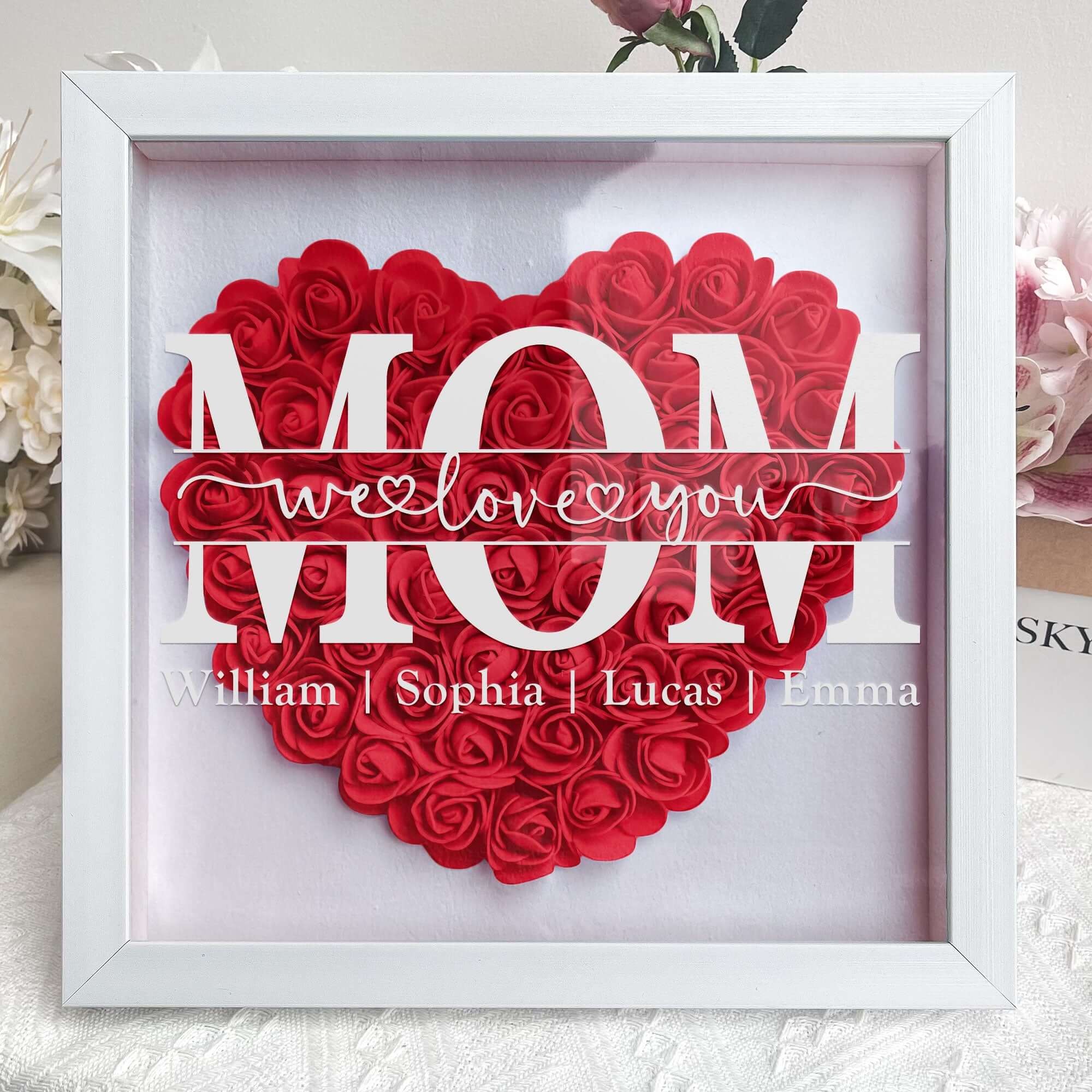 Personalized Mom Flower Shadow Box with Kid's Names Mother's Day Gift