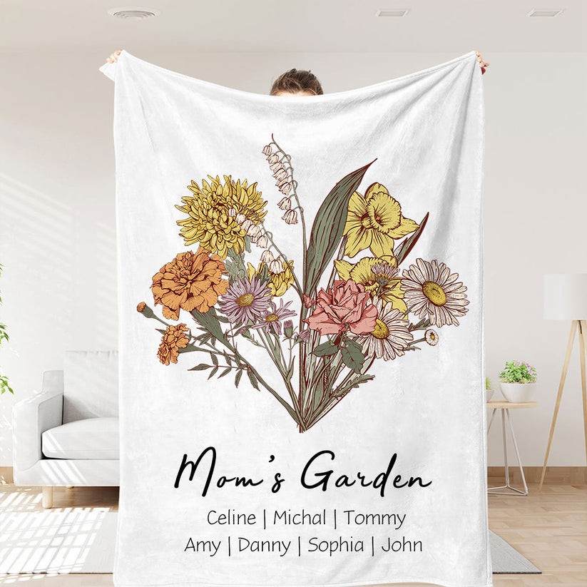 Personalized Birth Flower Family Bouquet Blanket with 1-20 Names Mother's Day Gift