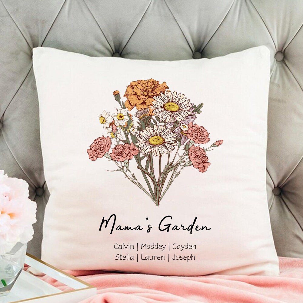 Personalized Birth Flower Bouquet Pillow with 1-20 Names Mother's Day Gift