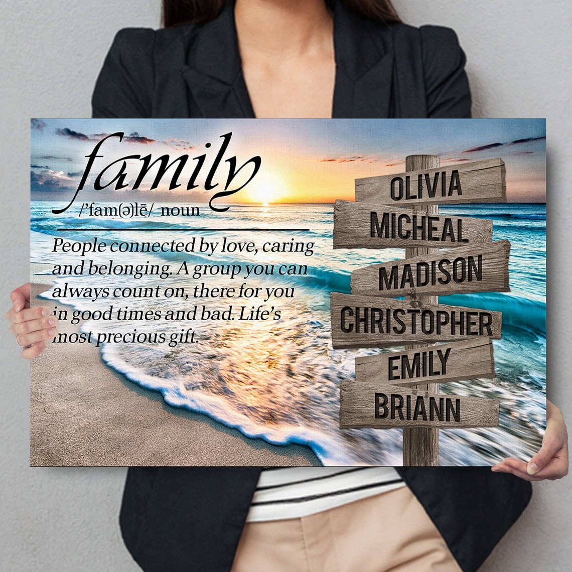 Sunset Beach Ocean Family Definition Inspirational Quote Canvas Personalized Multi-Names Family Canvas Wall Art