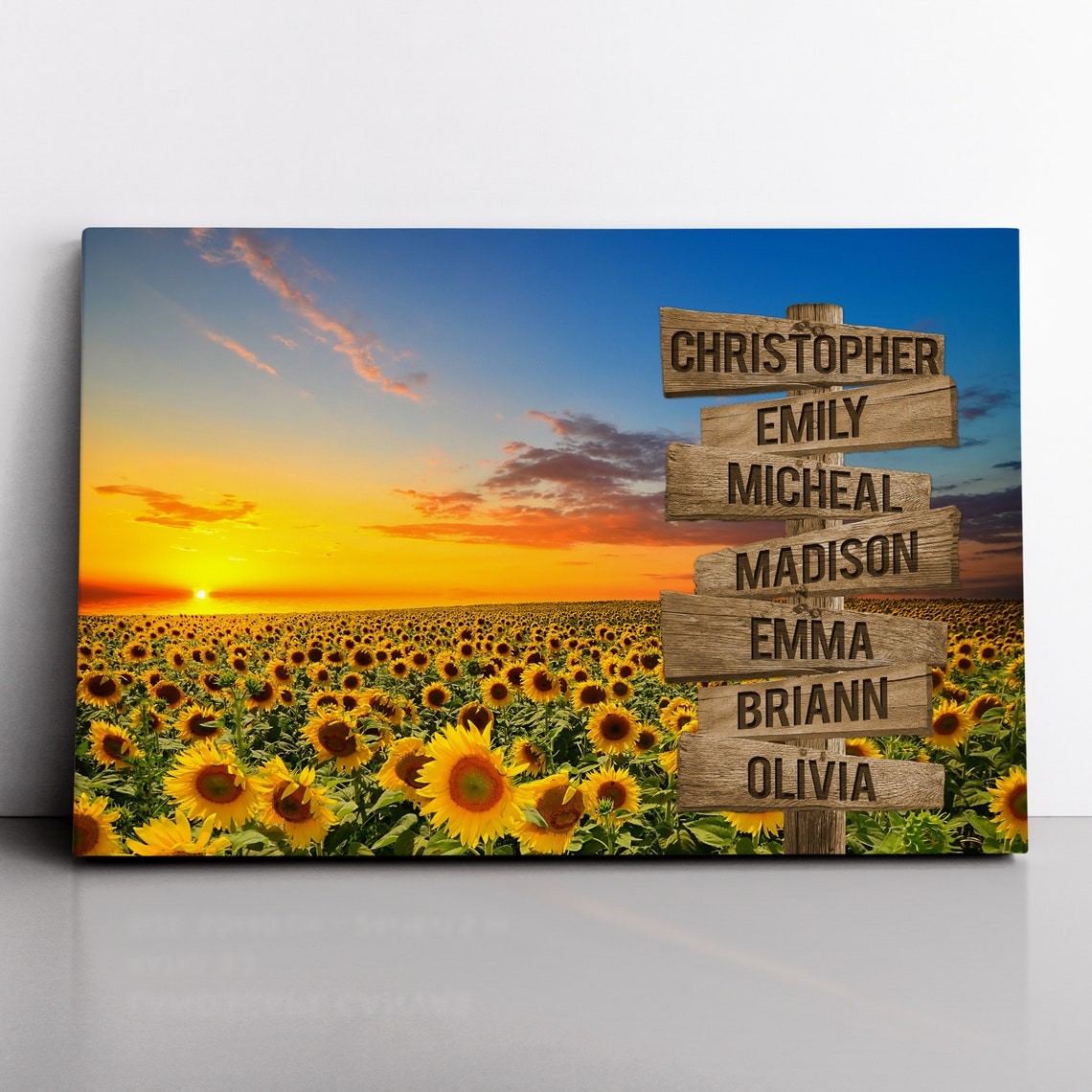 Sunset Blooming Sunflower Personalized Multi-Names Family Canvas Wall Art