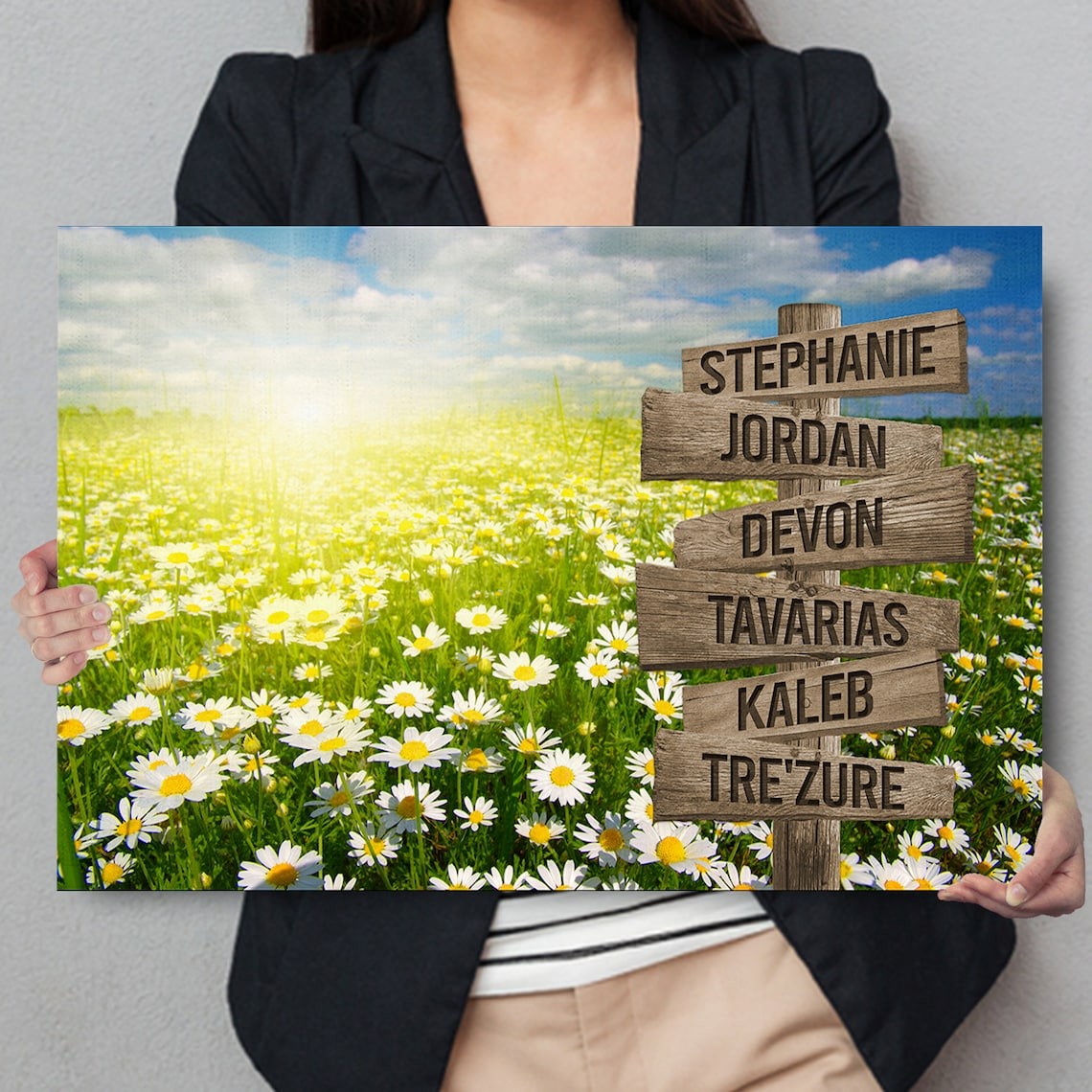 Field Of Daisies Blue Sky Sunset Personalized Multi-Names Family Canvas Wall Art