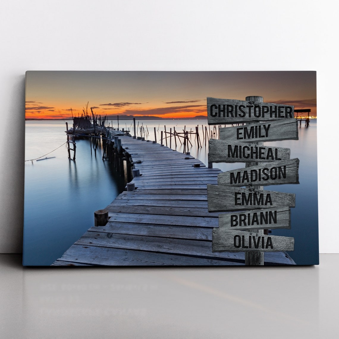 Sunset Lake Dock Personalized Multi-Names Family Canvas Wall Art