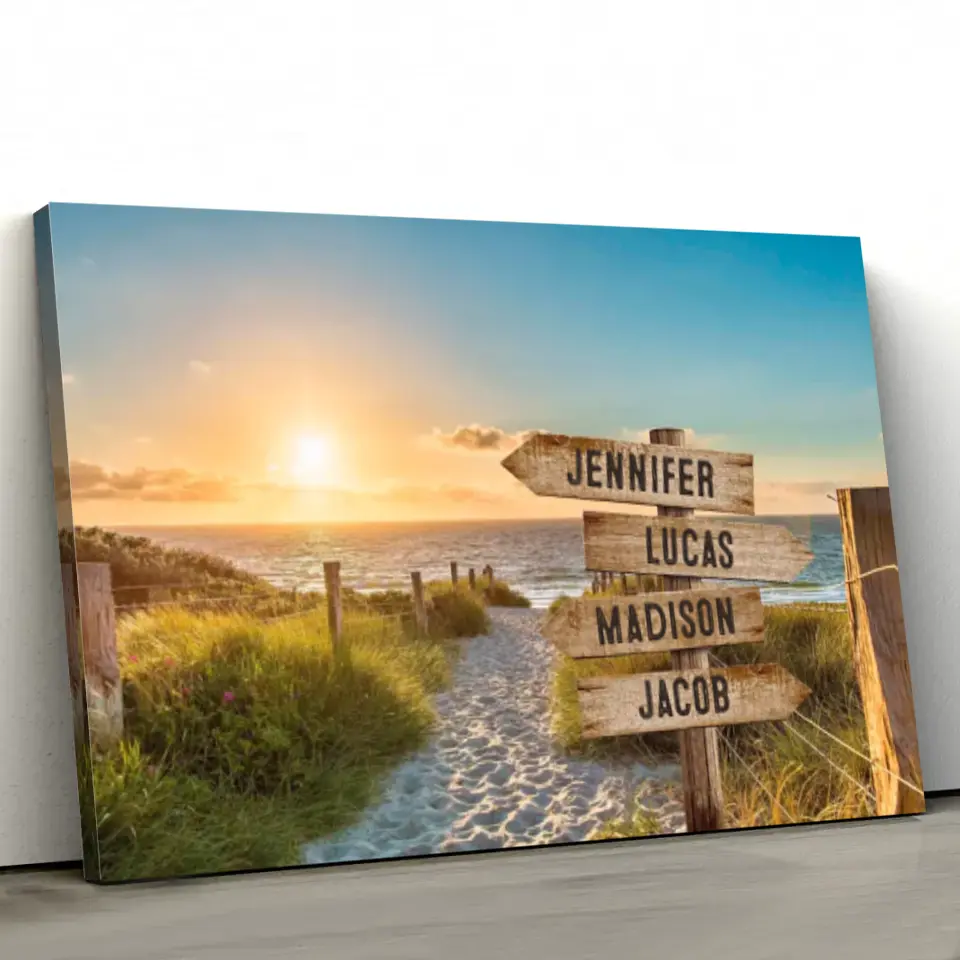 Shared Signpost at the Beach Multi-Names Family Canvas Wall Art