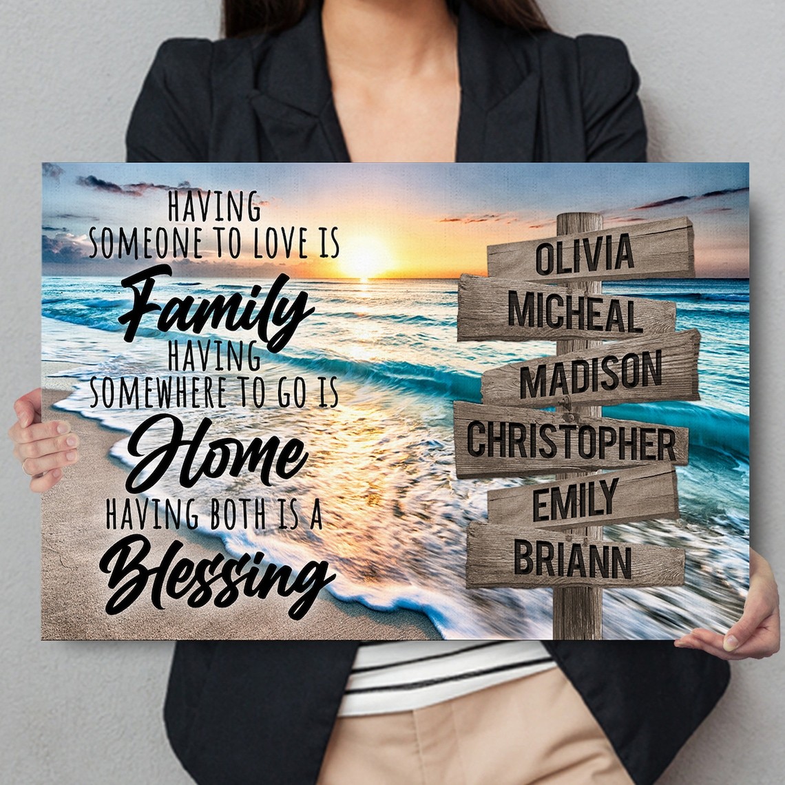 Sunset Beach Family Home Blessing Inspirational Quote Canvas Personalized Multi-Names Family Canvas Wall Art