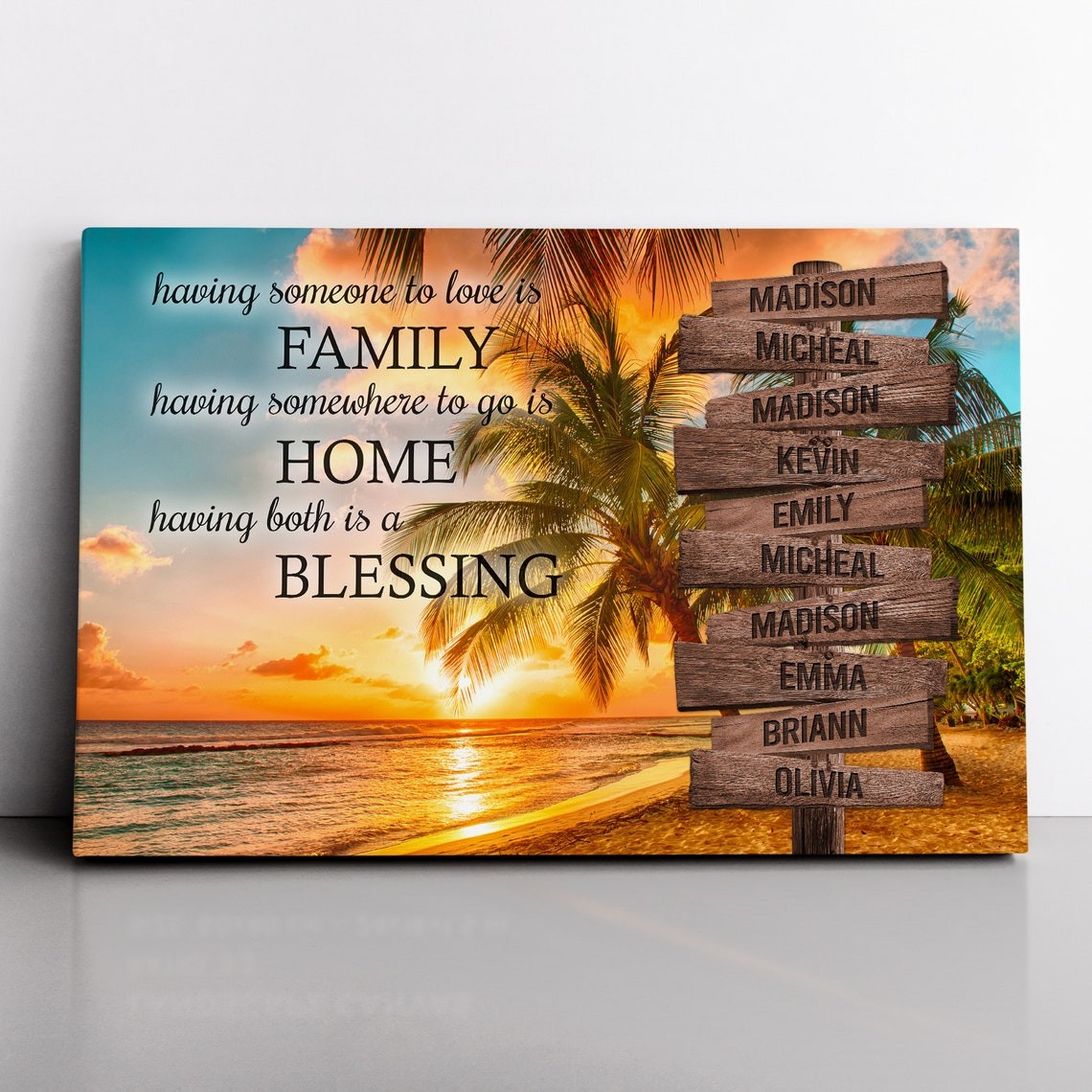 Sky Sunset Palm Beach Family Home Blessing Inspirational Quote Canvas Personalized Multi-Names Family Canvas Wall Art