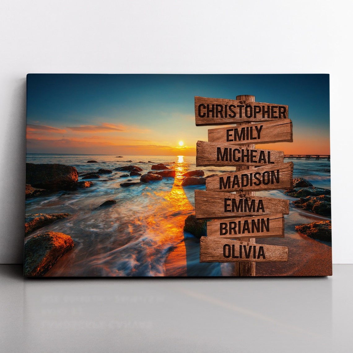 Sunset Beach Personalized Multi-Name Signpost Premium Canvas Wall Art