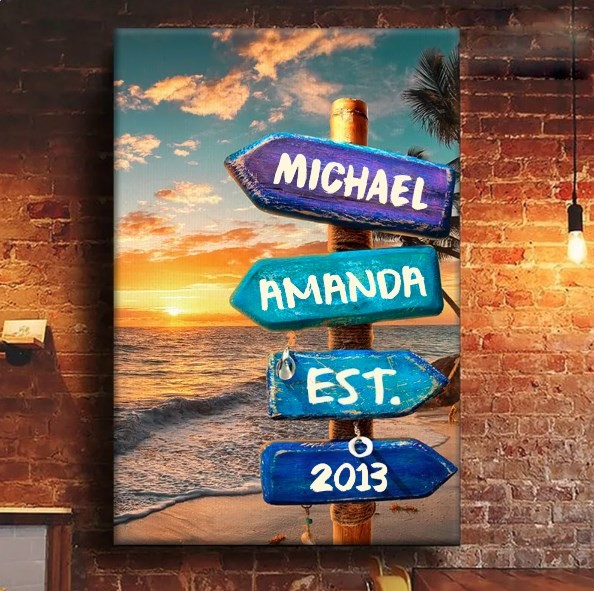 Ocean Sunset Custom Street Sign Multi-Names Family Canvas Wall Art