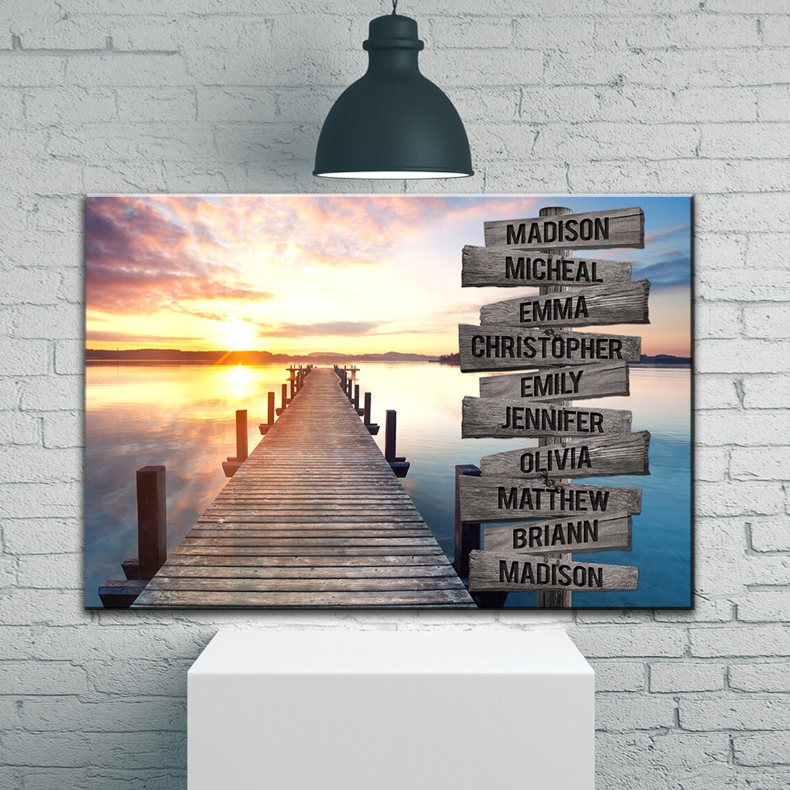 Sunset Lake Dock Personalized Multi-Names Family Canvas Wall Art