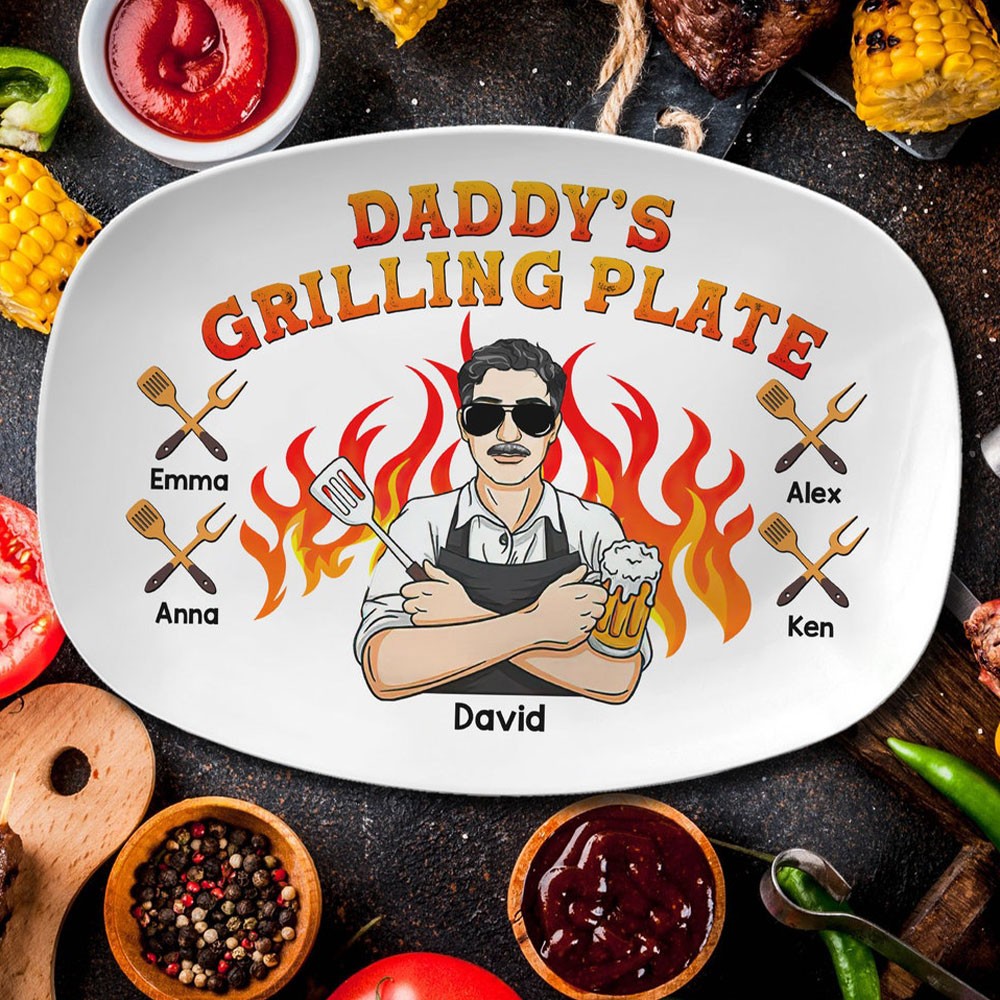 Personalized Grilling Plate with Kids Name for Dad Father's Day Gift