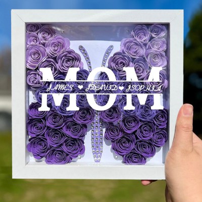 Personalized Mom Butterfly Flower Shadow Box with Kid's Names Mother's Day Gift