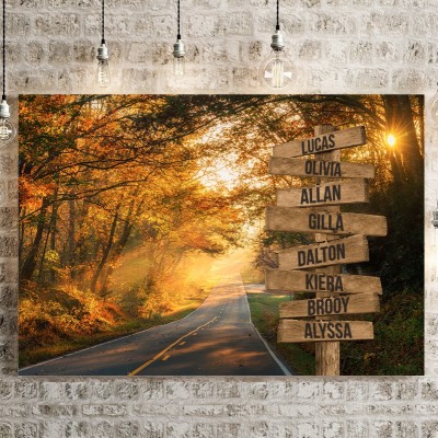 Autumn Road - Colorful Personalized Multi-Name Signpost Premium Canvas Wall Art