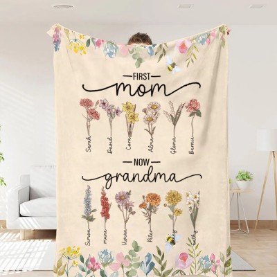 First Mom Now Grandma Personalized Family Birth Flower Blanket Mother's Day Gift