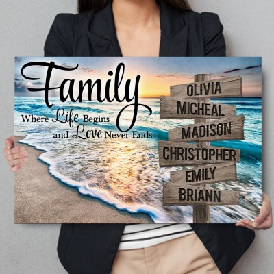 Sunset Beach Family Where Life Begins Love Never Ends Personalized Multi-Names Family Canvas Wall Art