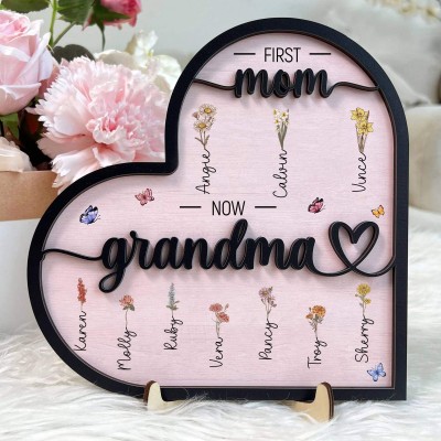 First Mom Now Grandma Personalized Family Birth Flower Wooden Heart Plaque Mother's Day Gift