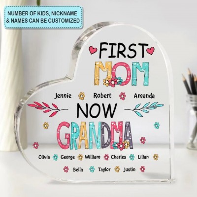 First Mom Now Grandma Alphabet Style Personalized Heart Acrylic Plaque Mother's Day Gift