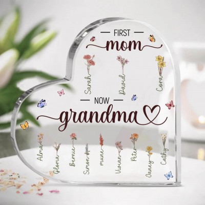 First Mom Now Grandma Personalized Family Birth Flower Heart Acrylic Plaque Mother's Day Gift