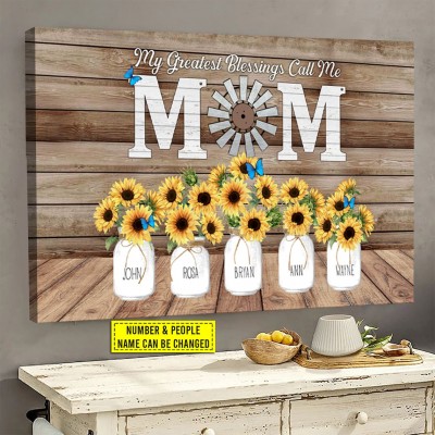 My Greatest Blessings Call Me Mom Personalized Sunflower Family Canvas Wall Art