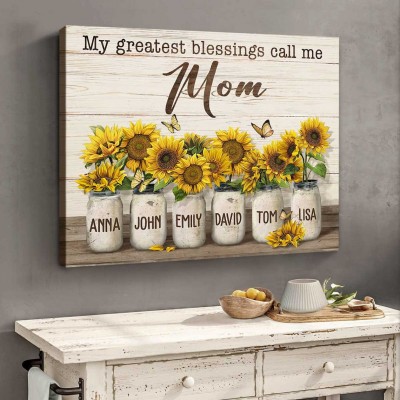 My Greatest Blessings Call Me Mom Personalized Sunflower Family Canvas Wall Art