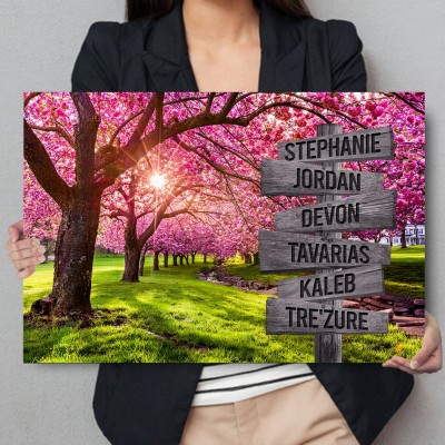 Cherry Tree Blossom In Hurd Park Personalized Multi-Names Family Canvas Wall Art