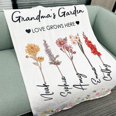 Personalized Grandma's Garden Birth Flower Blanket with 1-20 Names Mother's Day Gift