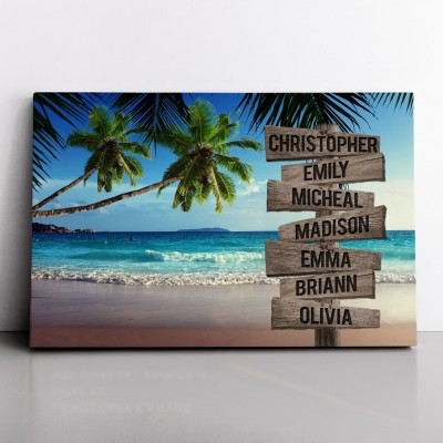 Tropical Beach Personalized Multi-Names Family Canvas Wall Art