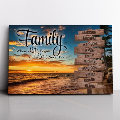 Sunset Beach Family Where Life Begins Love Never Ends Personalized Multi-Names Family Canvas Wall Art