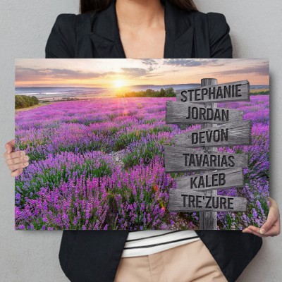 Field Of Lavender Flowers Sunset Personalized Multi-Names Family Canvas Wall Art