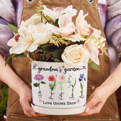 Personalized Grandma's Garden Outdoor Birth Flower Plant Pot with Kids Name Mother's Day Gifts Ideas