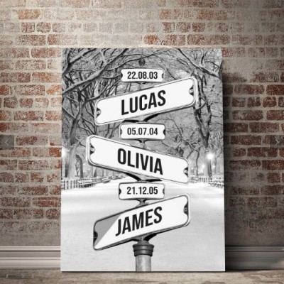 Snowing Central Park Street Sign Custom Family Name Date Of Birth Canvas Wall Art