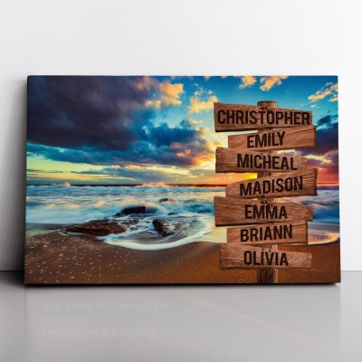 Sunset Beach Personalized Multi-Name Signpost Premium Canvas Wall Art