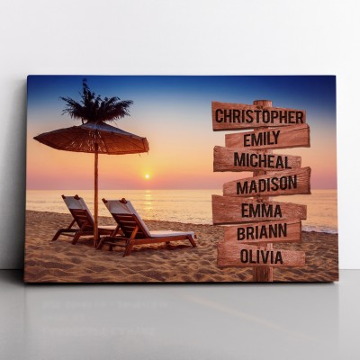 Sunset Beach Personalized Multi-Name Signpost Premium Canvas Wall Art