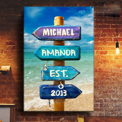 Ocean Beach Street Sign Personalized Multi-Names Family Canvas Wall Art