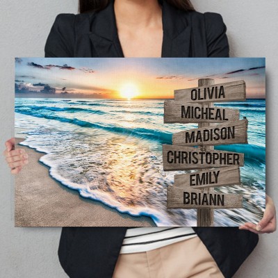 Sunset Beach Ocean Multi-Names Street Sign Personalized Family Canvas Wall Art