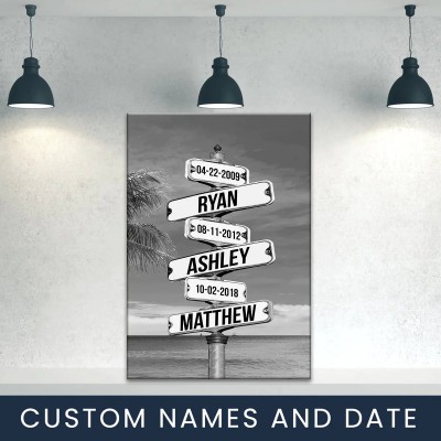 Ocean Sunset Street Sign Date of Birth of Children Personalized Family Canvas Wall Art