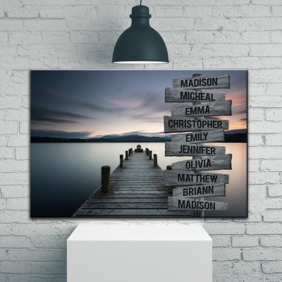 Sunset Lake Dock Multi-Names Family Canvas Wall Art