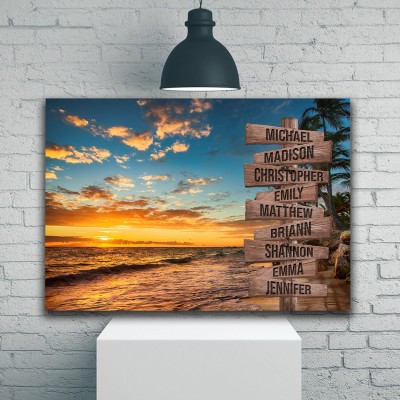 Sunset Beach Ocean Personalized Multi-Names Family Canvas Wall Art