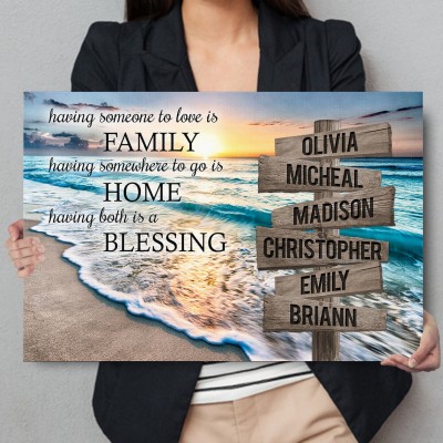 Sunset Beach Family Home Blessing Inspirational Quote Canvas Personalized Multi-Names Family Canvas Wall Art