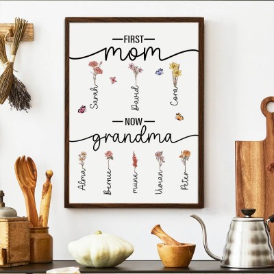 First Mom Now Grandma Personalized Family Birth Flower Wooden Plaque Mother's Day Gift