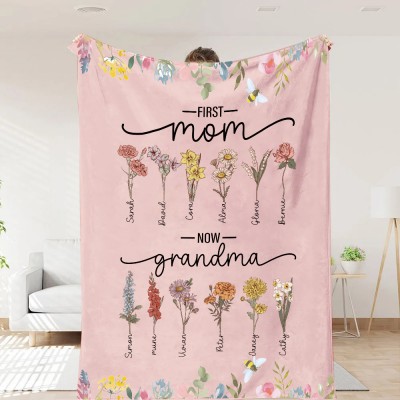 First Mom Now Grandma Personalized Family Birth Flower Blanket Mother's Day Gift